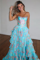 Load image into Gallery viewer, Sparkly Blue Floral Ruffled Long Corset Prom Dress with Slit