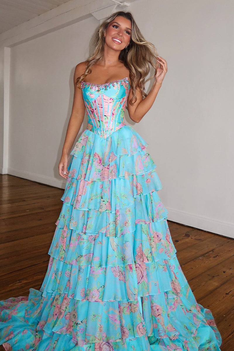 Load image into Gallery viewer, Sparkly Blue Floral Ruffled Long Corset Prom Dress with Slit