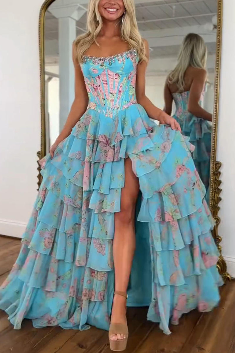 Load image into Gallery viewer, Women Sparkly Blue Floral Long Corset Prom Dress with Ruffles Sweetheart Tiered A Line Strapless Formal Dress