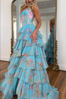 Sparkly Blue Floral Ruffled Long Corset Prom Dress with Slit
