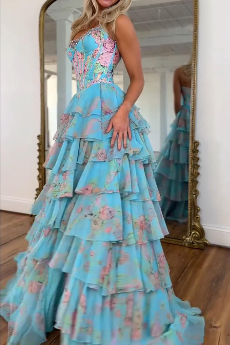 Load image into Gallery viewer, Sparkly Blue Floral Ruffled Long Corset Prom Dress with Slit