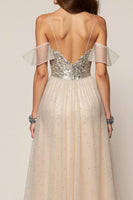 Load image into Gallery viewer, Sparkly Champagne Sequin Spaghetti Straps A-Line Long Formal Dress with Slit
