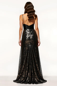 Sparkly Black Spaghetti Straps Mermaid Long Sequin Formal Dress with Bow