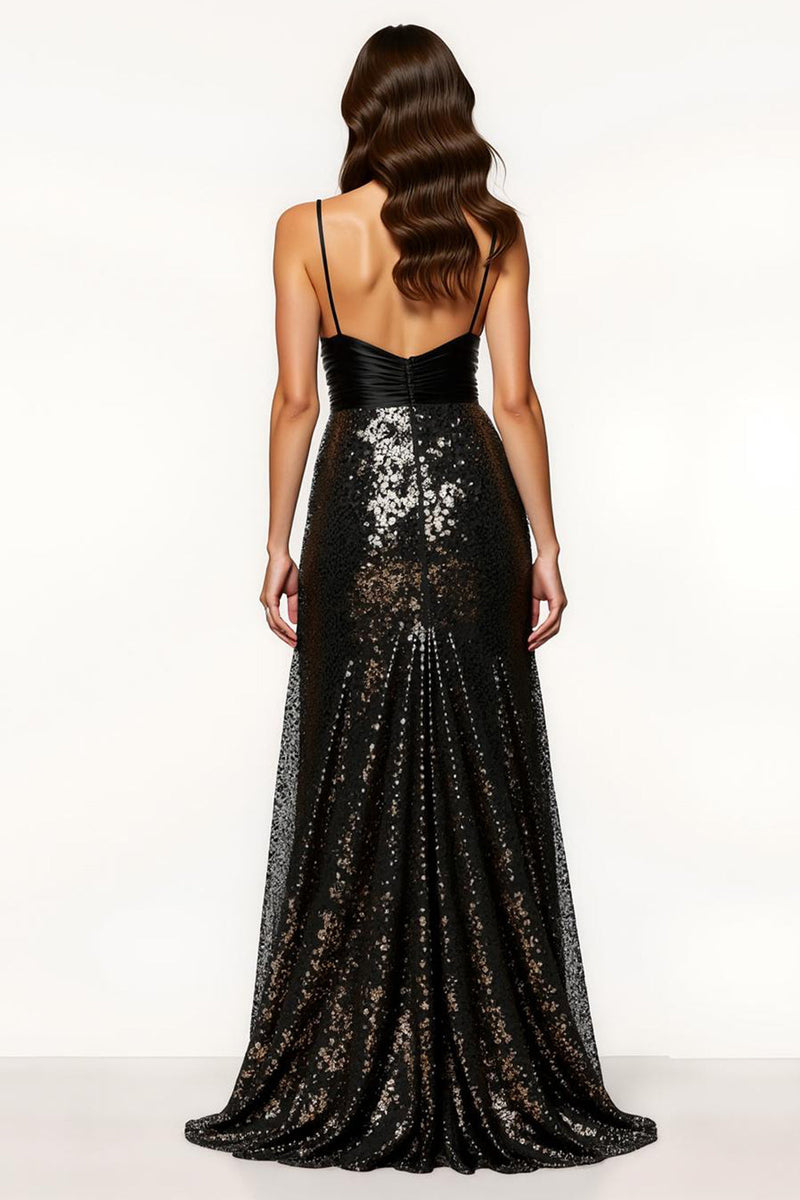 Load image into Gallery viewer, Sparkly Black Spaghetti Straps Mermaid Long Sequin Formal Dress with Bow