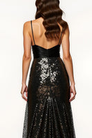 Load image into Gallery viewer, Sparkly Black Spaghetti Straps Mermaid Long Sequin Formal Dress with Bow