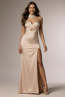 Load image into Gallery viewer, Champagne Mermaid Ruched Spaghetti Straps Long Formal Dress with Slit