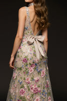 Load image into Gallery viewer, Sparkly Champagne V-Neck Floral Mermaid Long Formal Dress with Beading