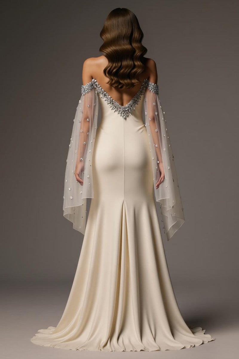 Load image into Gallery viewer, Sparkly Ivory Mermaid Off the Shoulder Long Formal Dress with Cape