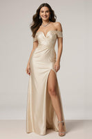 Load image into Gallery viewer, Champagne Satin Off the Shoulder Mermaid Ruched Long Formal Dress with Slit