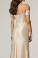 Load image into Gallery viewer, Champagne Satin Off the Shoulder Mermaid Ruched Long Formal Dress with Slit