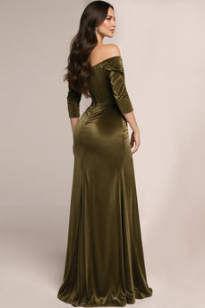 Green Velvet Off the Shoulder Long Corset Formal Dress with Sleeves