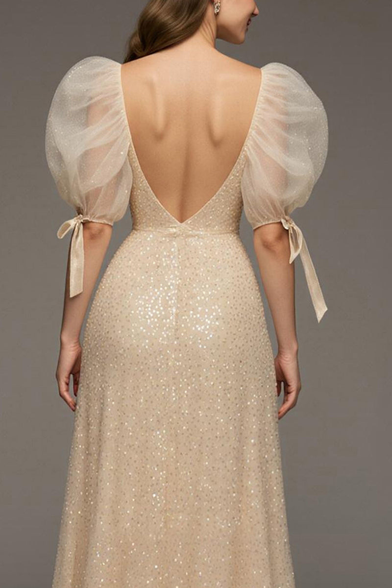 Load image into Gallery viewer, Sparkly Champagne Puff Sleeves Sequin Mermaid Long Formal Dress with Slit
