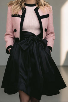 2 Piece Black Pink Tweed A Line Short Pageant Interview Outfits with Bow