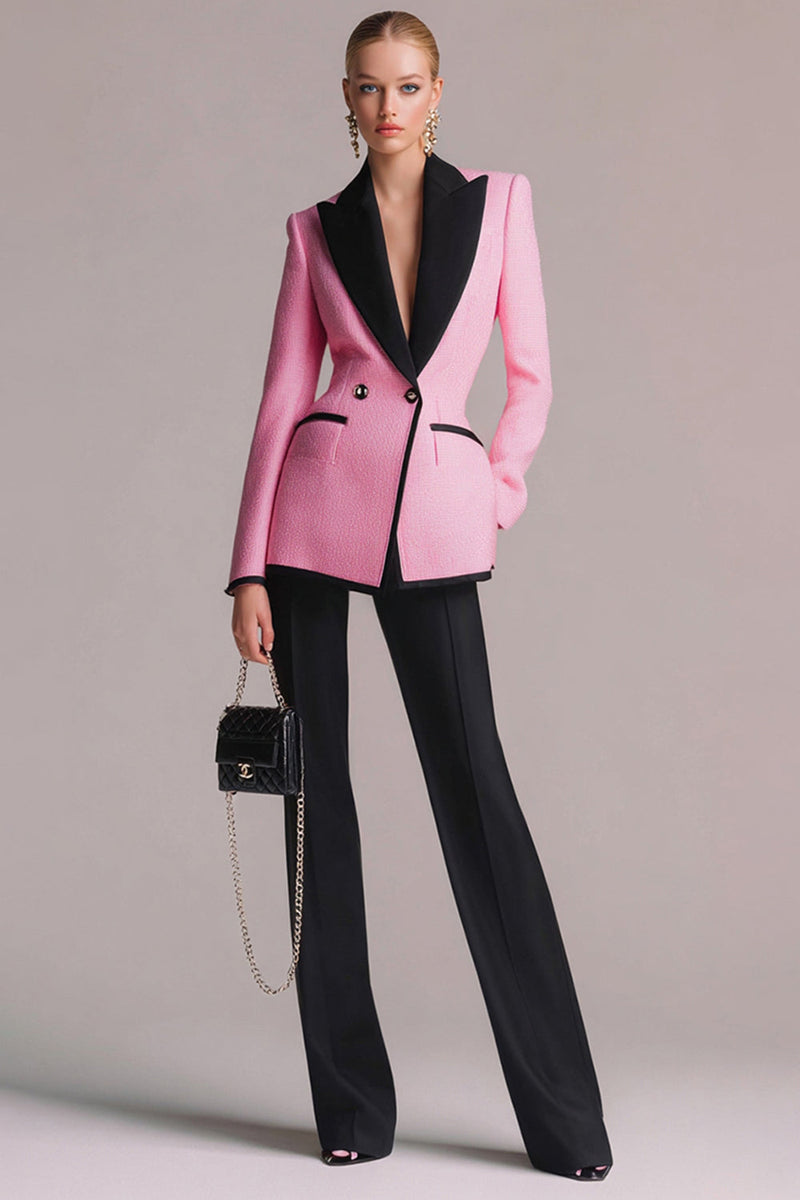 Load image into Gallery viewer, Women 2 Piece Black Pink Long Sleeves Pageant Interview Outfits Tweed Peak Lapel Double Breasted Business Suits