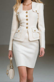 2 Piece White Single Breasted Pencil Short Tweed Interview Outfits