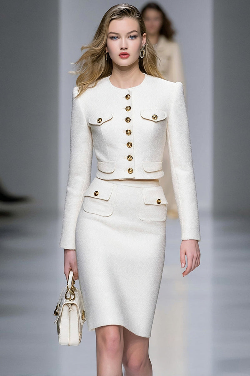 Load image into Gallery viewer, 2 Piece White Pencil Short Tweed Interview Outfits with Buttons