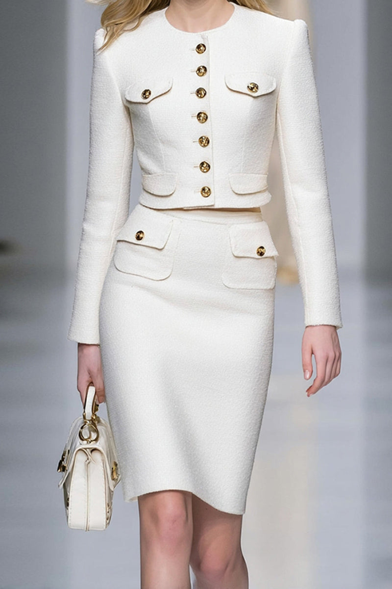 Load image into Gallery viewer, 2 Piece White Pencil Short Tweed Interview Outfits with Buttons