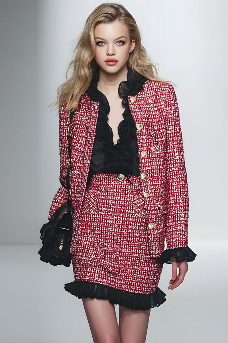 Load image into Gallery viewer, 2 Piece Red Black Grid Short Pencil Tweed Interview Outfits with Ruffles