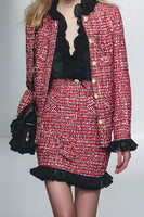 Load image into Gallery viewer, 2 Piece Red Black Grid Short Pencil Tweed Interview Outfits with Ruffles