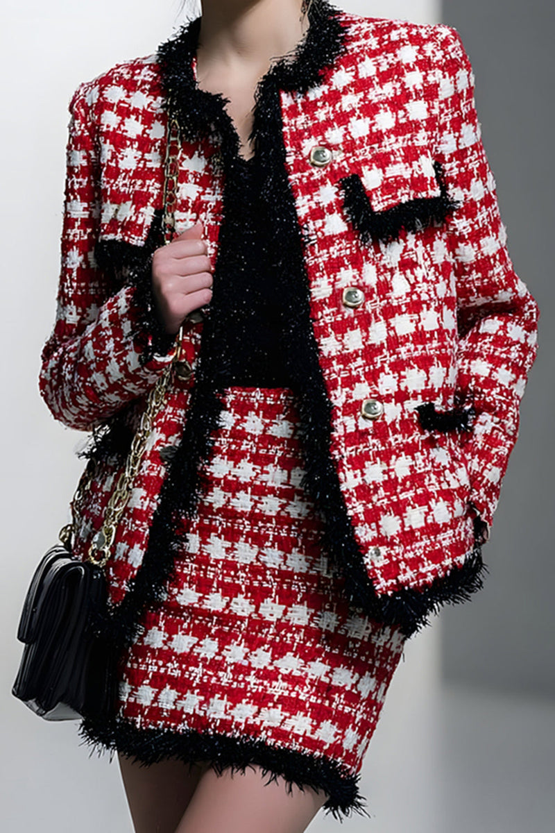 Load image into Gallery viewer, 2 Piece Red Grid Pencil Single Breasted Tweed Short Pageant Interview Outfits