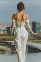 Load image into Gallery viewer, White Satin Off the Shoulder Bridal Jumpsuits with Lace