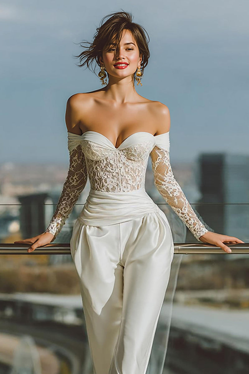 Load image into Gallery viewer, White Satin Off the Shoulder Bridal Jumpsuits with Lace