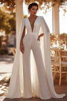 Load image into Gallery viewer, White Sweep Train Deep V-Neck Bridal Jumpsuits with Cape