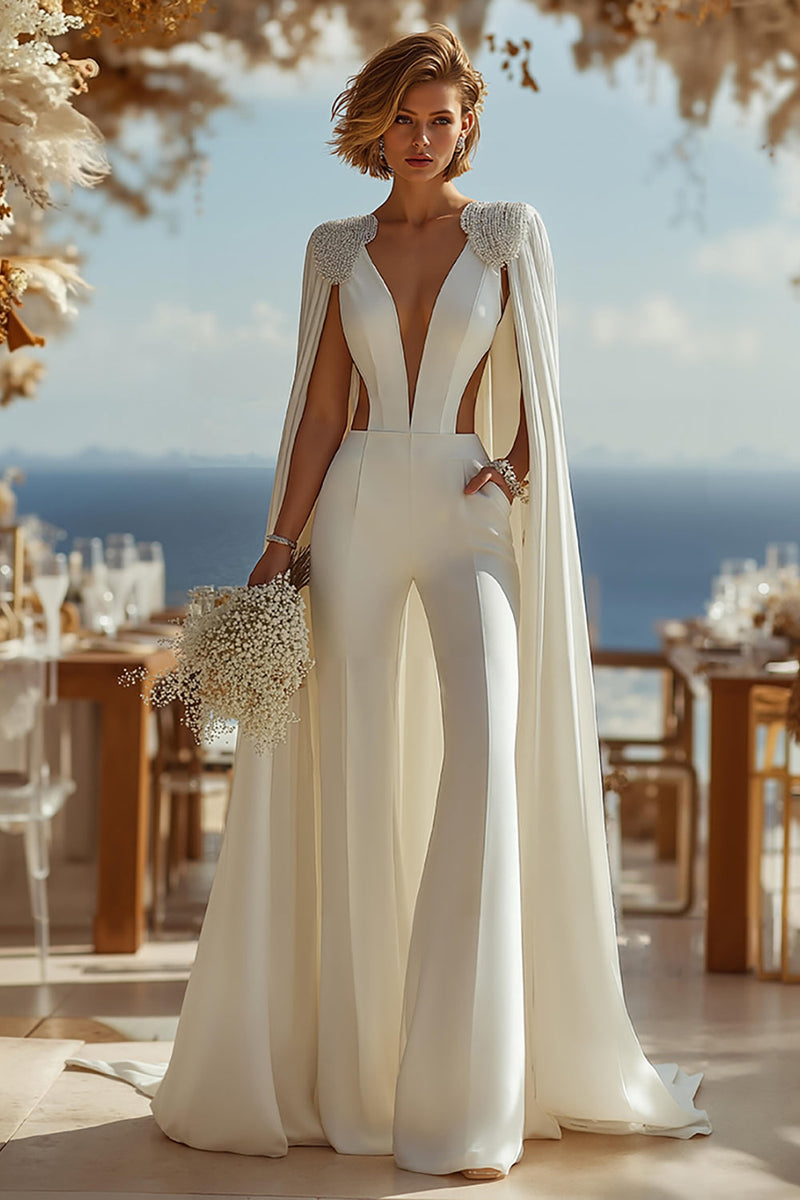 Load image into Gallery viewer, Queendancer UK Women Sparkly Ivory Deep V-Neck Bridal Jumpsuits with Cape Satin Cut Out Wedding Jumpsuits with Pockets