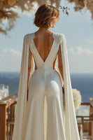 Load image into Gallery viewer, Ivory Cut Out Deep V-Neck Bridal Jumpsuits with Cape
