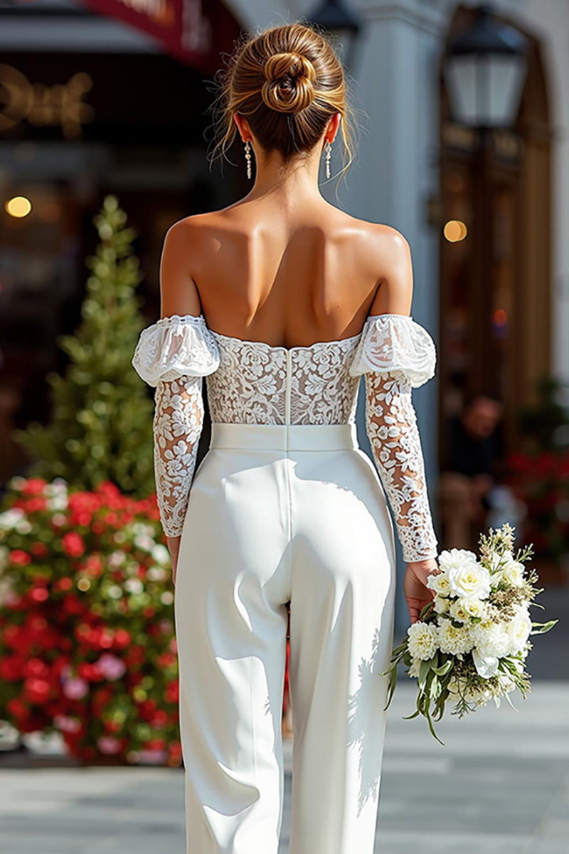 Load image into Gallery viewer, White Off the Shoulder Lace Bridal Jumpsuits with Long Sleeves
