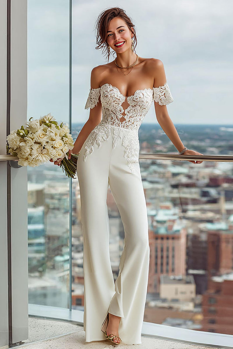 Load image into Gallery viewer, Simple Off the Shoulder White Bridal Jumpsuits with Lace