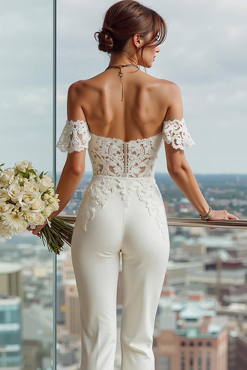 Load image into Gallery viewer, Simple Off the Shoulder White Bridal Jumpsuits with Lace