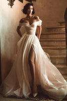 Load image into Gallery viewer, White Off the Shoulder A Line Sweep Train Wedding Dress with Slit