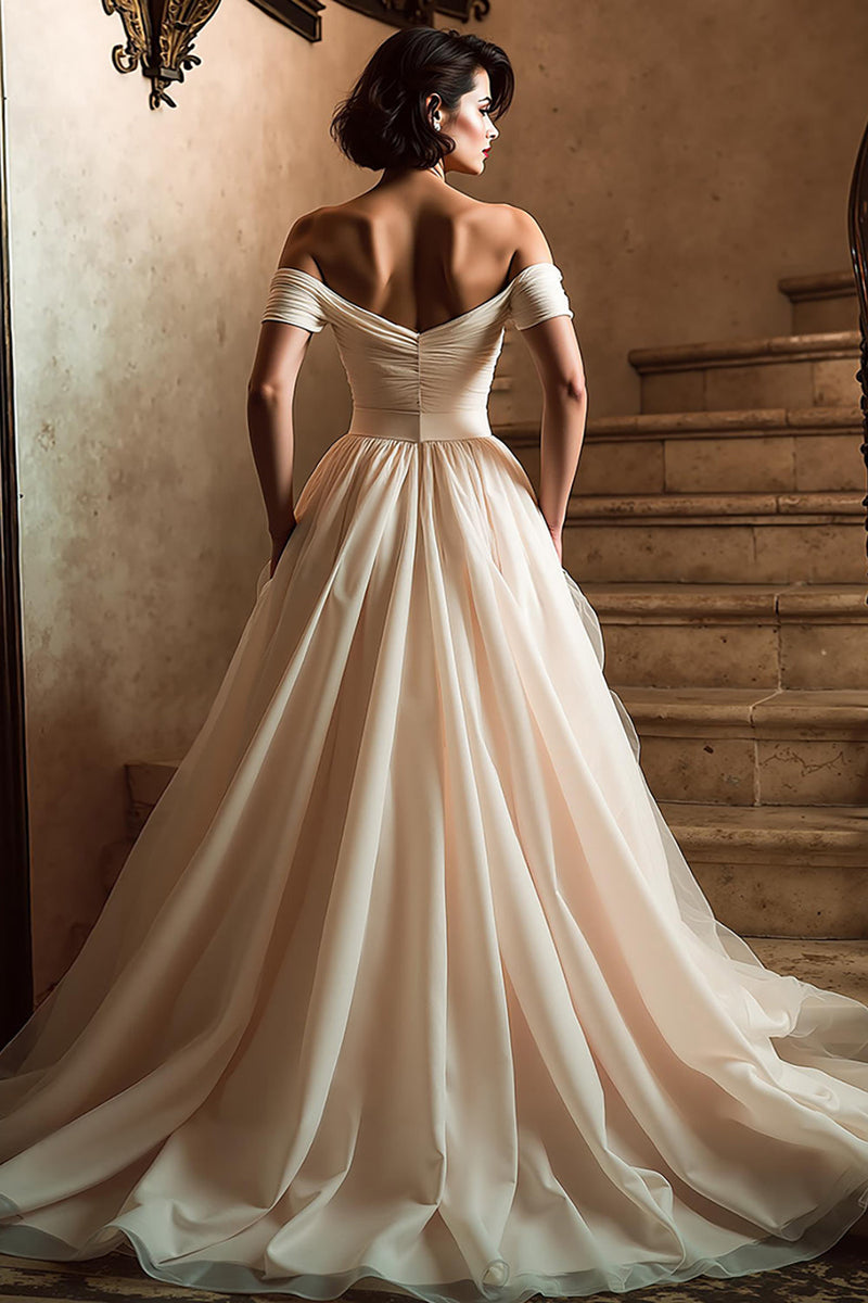 Load image into Gallery viewer, White Off the Shoulder A Line Sweep Train Wedding Dress with Slit