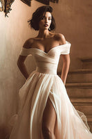 Load image into Gallery viewer, White Off the Shoulder A Line Sweep Train Wedding Dress with Slit