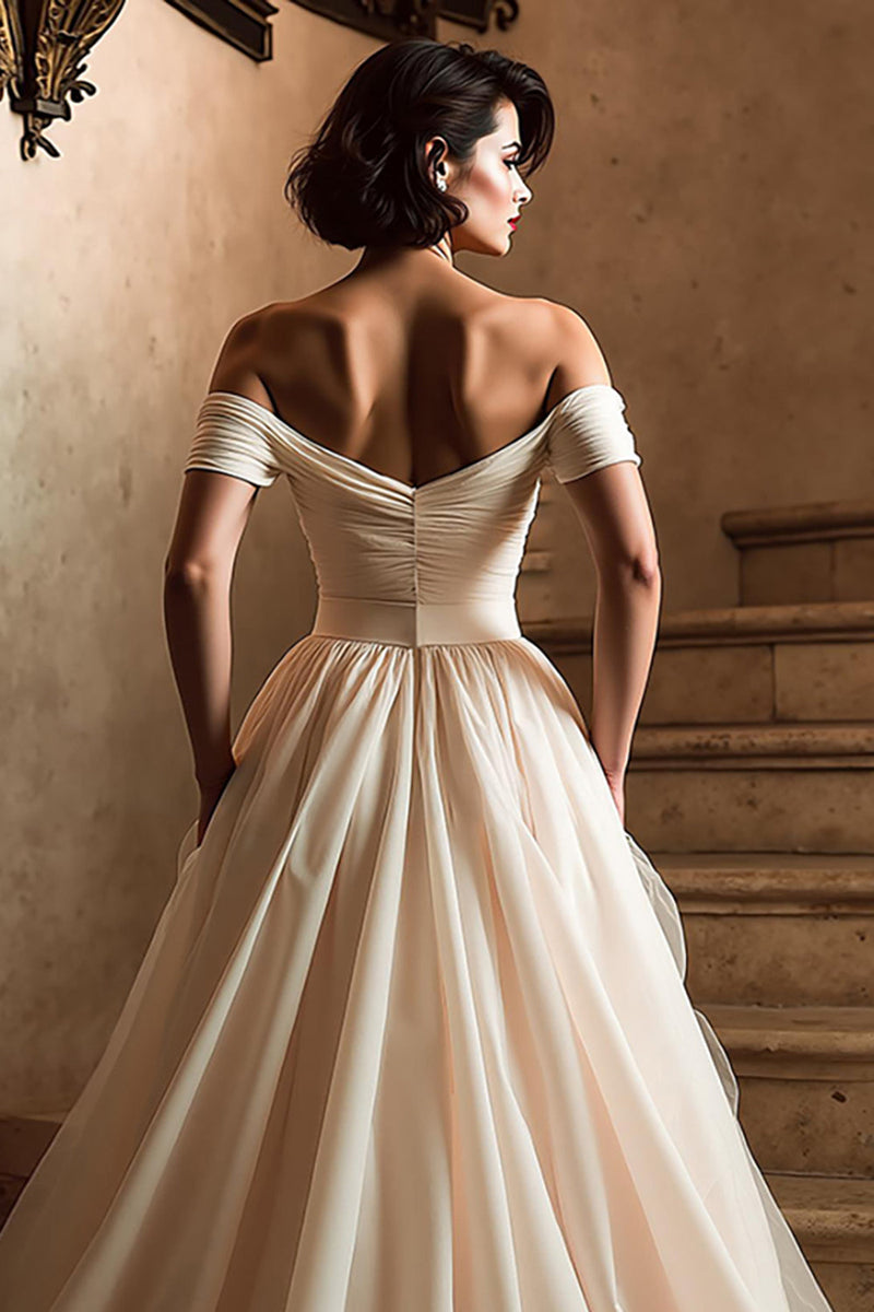 Load image into Gallery viewer, White Off the Shoulder A Line Sweep Train Wedding Dress with Slit