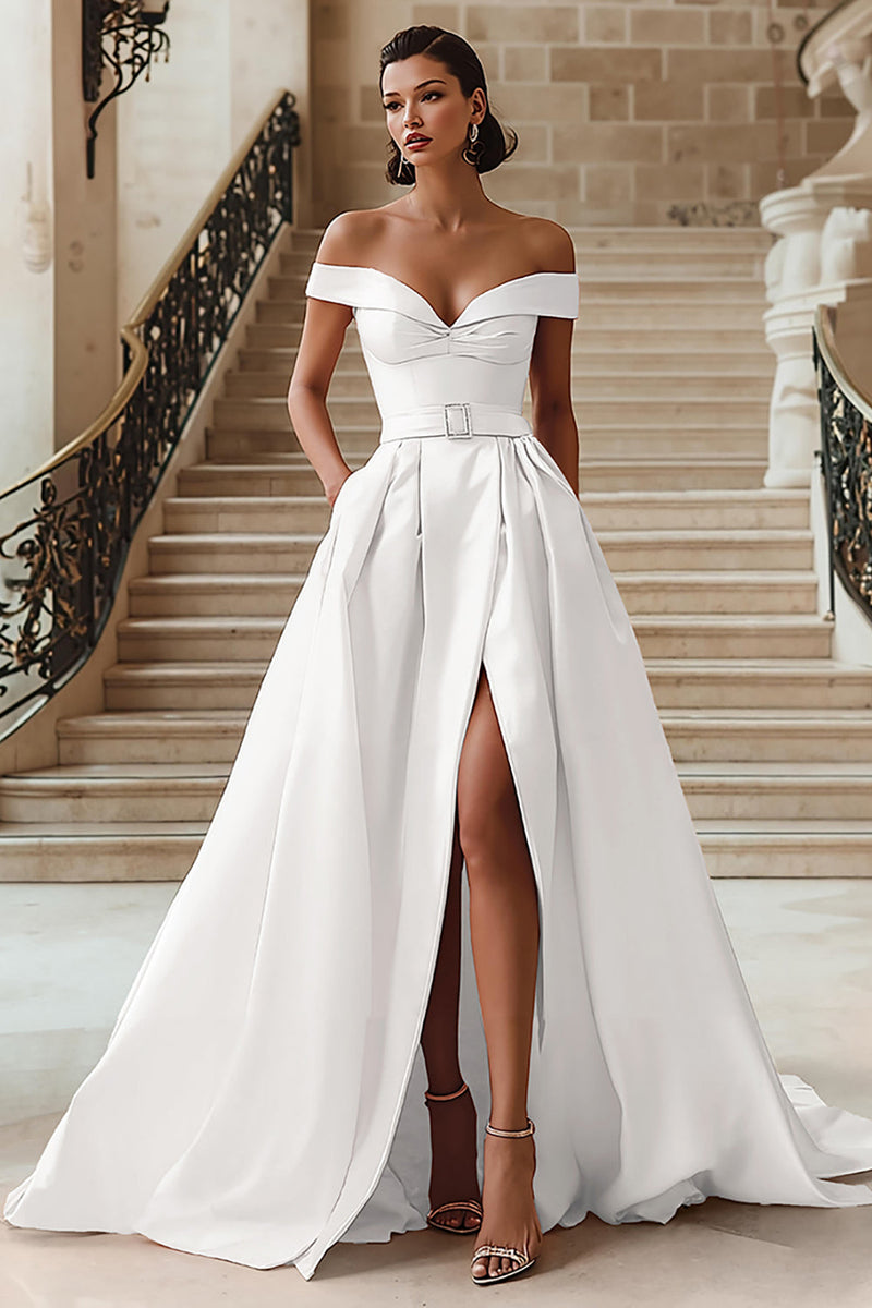 Load image into Gallery viewer, White A Line Off the Shoulder Sweep Train Wedding Dress with Slit