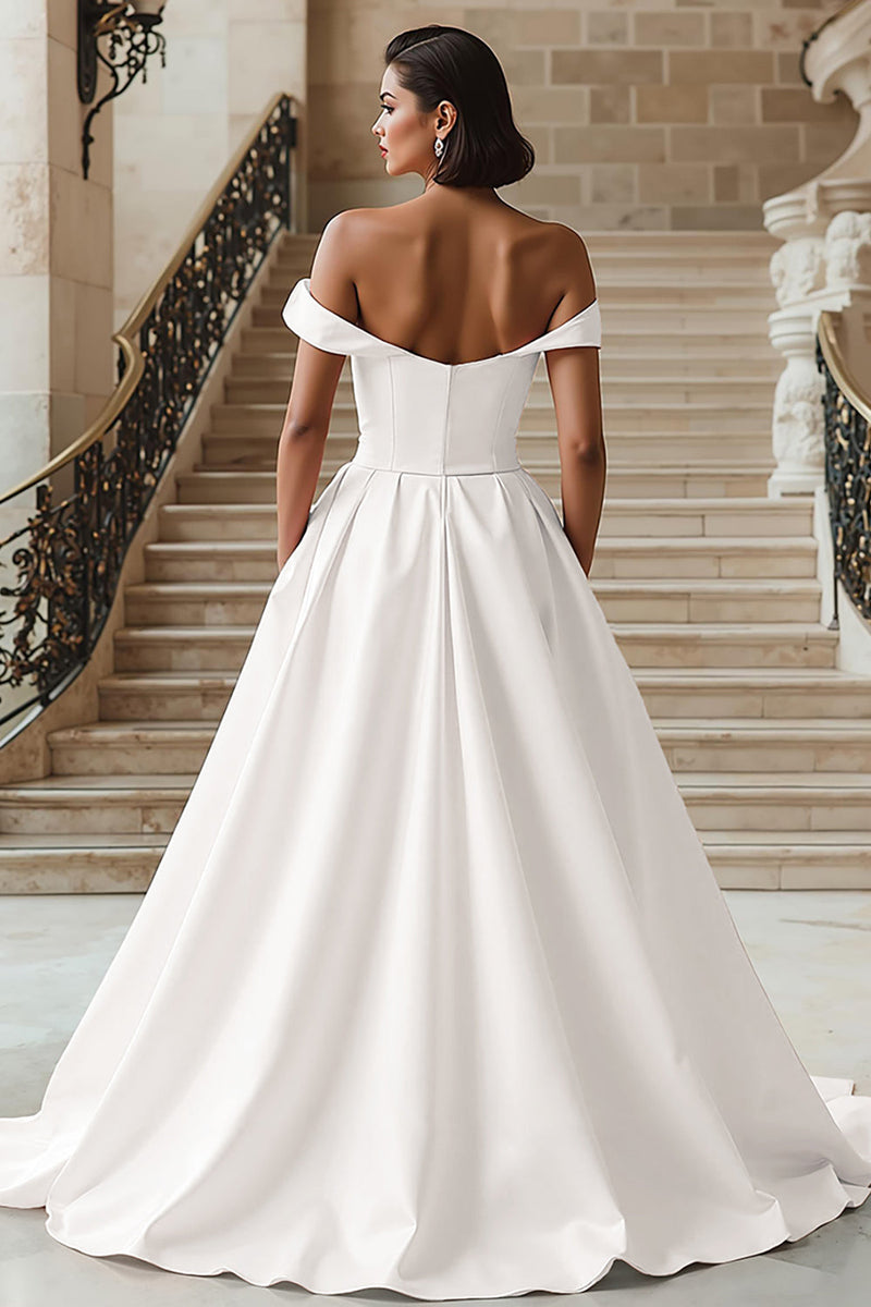 Load image into Gallery viewer, White A Line Off the Shoulder Sweep Train Wedding Dress with Slit
