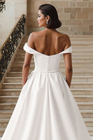 Load image into Gallery viewer, White A Line Off the Shoulder Sweep Train Wedding Dress with Slit