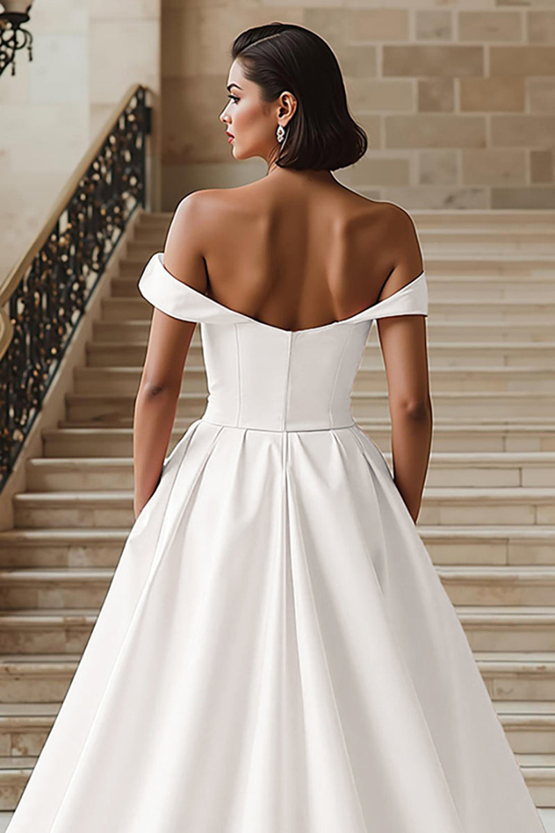 Load image into Gallery viewer, White A Line Off the Shoulder Sweep Train Wedding Dress with Slit