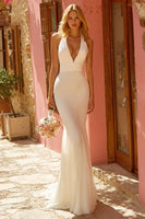 Load image into Gallery viewer, Simple Ivory Mermaid Halter Sweep Train Wedding Dress