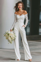 Load image into Gallery viewer, White Off the Shoulder Long Sleeves Bridal Jumpsuits with Pockets