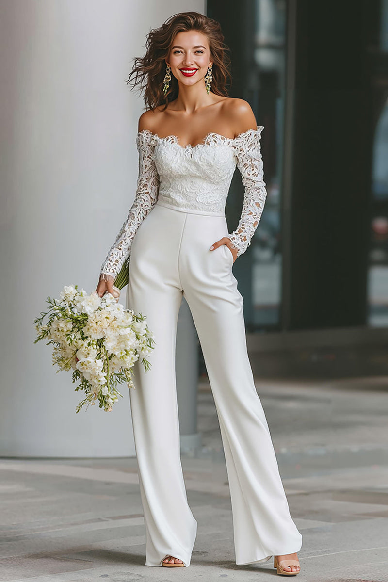 Load image into Gallery viewer, White Off the Shoulder Long Sleeves Bridal Jumpsuits with Pockets