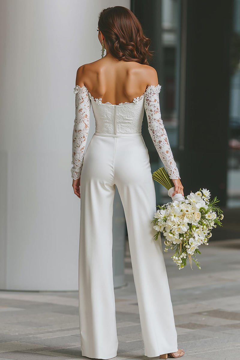 Load image into Gallery viewer, White Off the Shoulder Long Sleeves Bridal Jumpsuits with Pockets