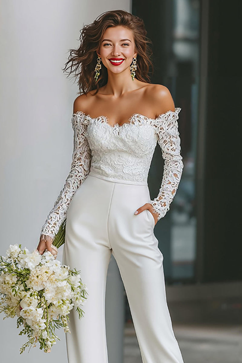 Load image into Gallery viewer, White Off the Shoulder Long Sleeves Bridal Jumpsuits with Pockets