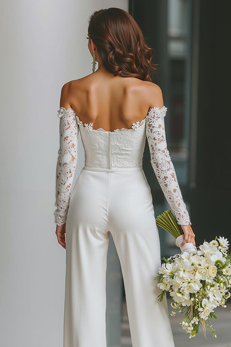 Load image into Gallery viewer, White Off the Shoulder Long Sleeves Bridal Jumpsuits with Pockets