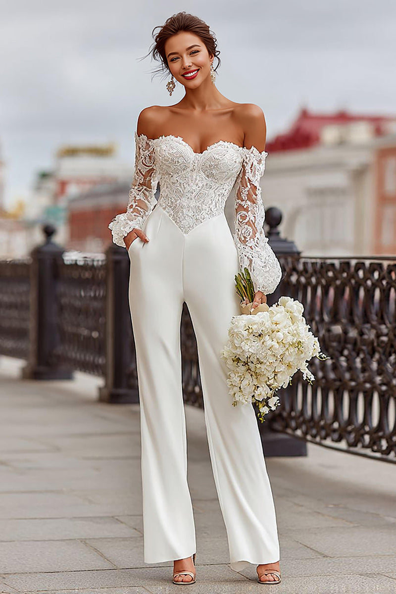 Load image into Gallery viewer, Queendancer Women White Bridal Jumpsuits with Lace Off the Shoulder Long Sleeves Wedding Jumpsuits with Pockets