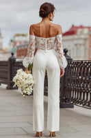 Load image into Gallery viewer, White Off the Shoulder Long Sleeves Bridal Jumpsuits with Lace