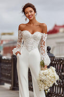 Load image into Gallery viewer, White Off the Shoulder Long Sleeves Bridal Jumpsuits with Lace