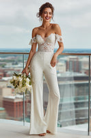 Load image into Gallery viewer, Ivory Backless Off the Shoulder Bridal Jumpsuits with Lace